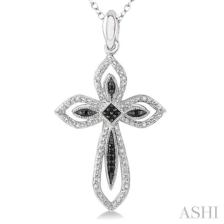 1/10 Ctw Round Cut White and Black Diamond Cross Pendant in Sterling Silver with Chain