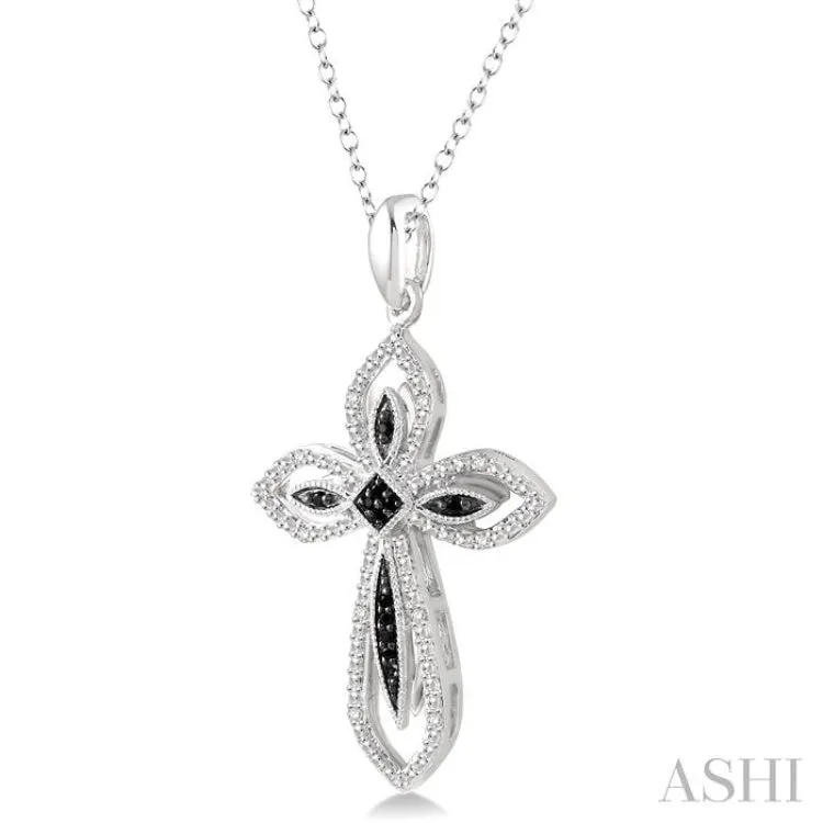 1/10 Ctw Round Cut White and Black Diamond Cross Pendant in Sterling Silver with Chain