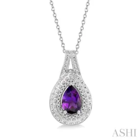 1/20 Ctw Round Cut Diamond & 9x6 MM Pear Cut Amethyst Semi Precious Pendant With Chain in Sterling Silver