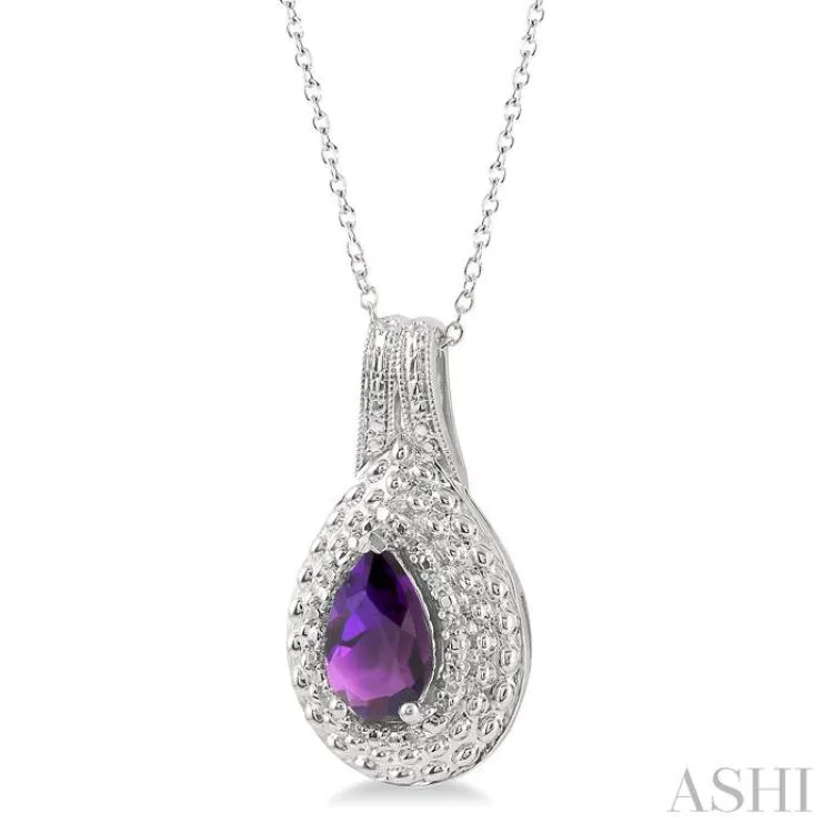 1/20 Ctw Round Cut Diamond & 9x6MM Pear Cut Amethyst Semi Precious Pendant With Chain in Sterling Silver