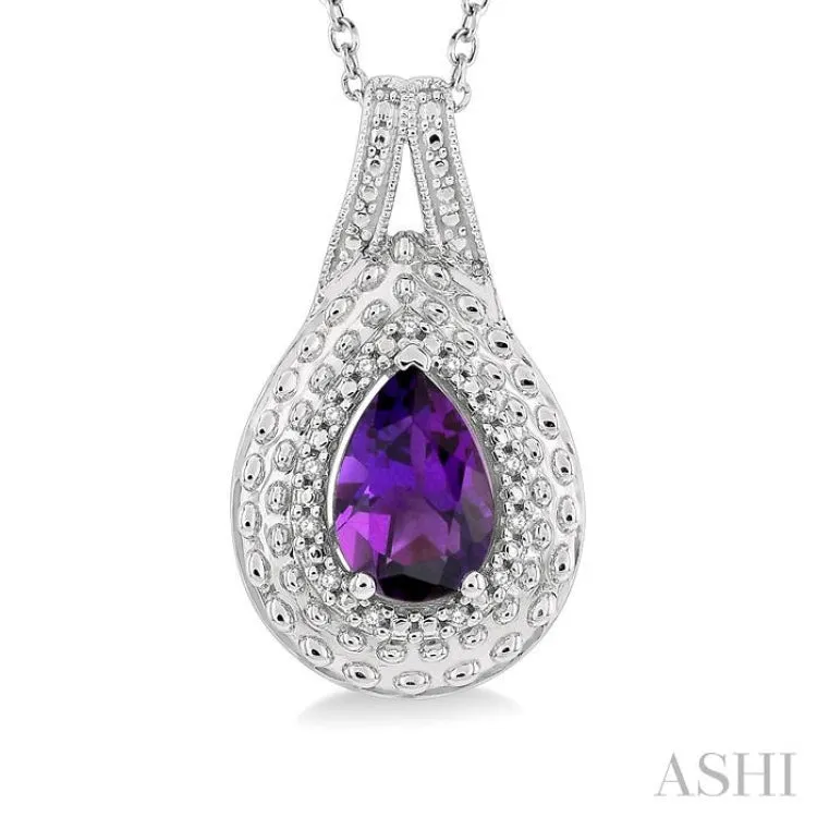 1/20 Ctw Round Cut Diamond & 9x6MM Pear Cut Amethyst Semi Precious Pendant With Chain in Sterling Silver