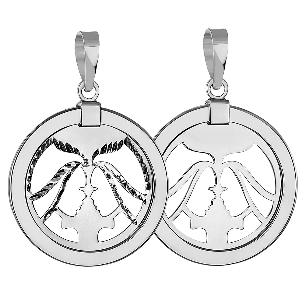 14k White Gold Round Gemini Twins Zodiac Sign Medallion Pendant Necklace (Reversible)