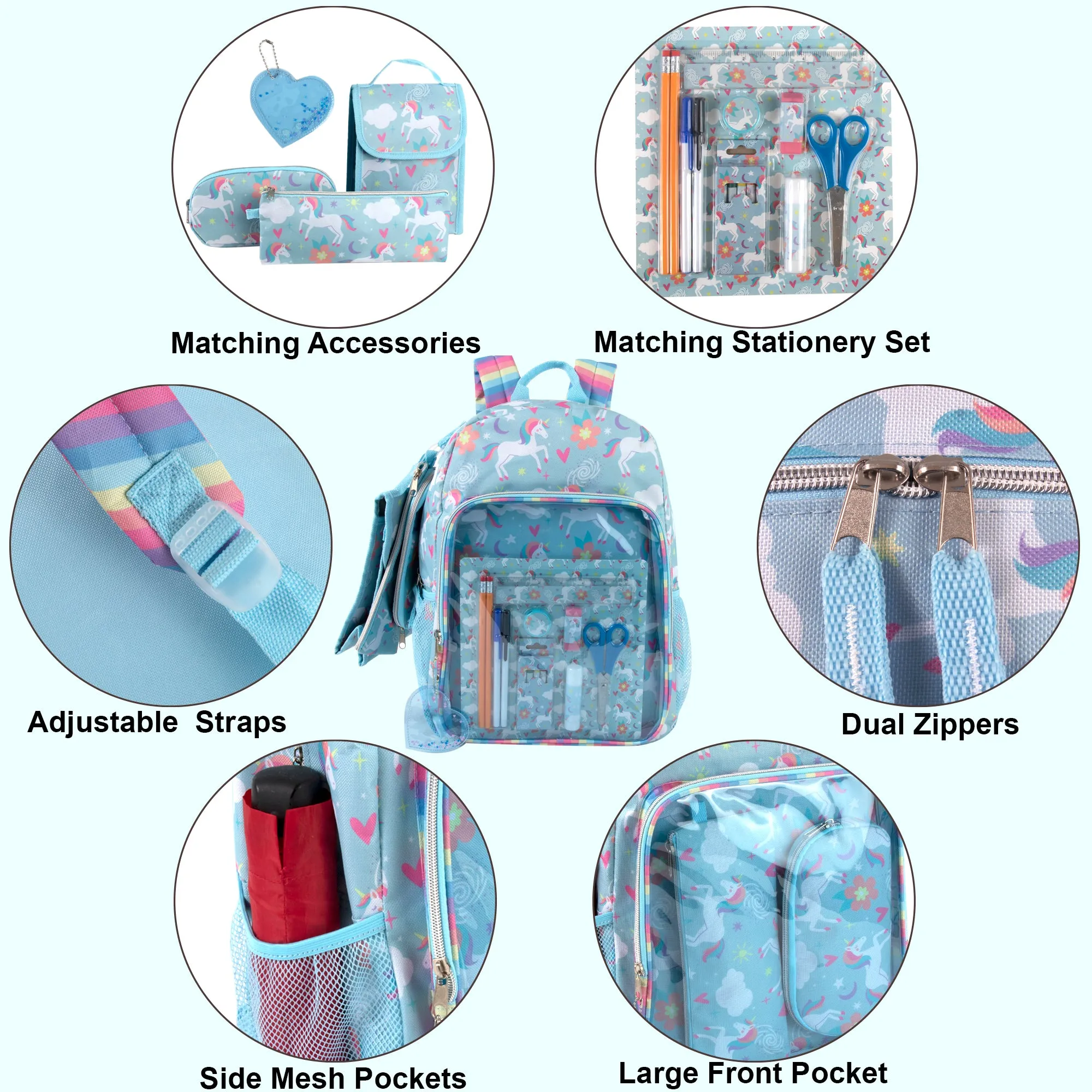 17-Inch Unicorn Backpack & Lunch Bag with 14-Piece School Supply Kit