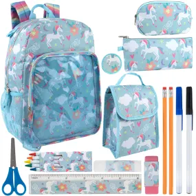 17-Inch Unicorn Backpack & Lunch Bag with 14-Piece School Supply Kit