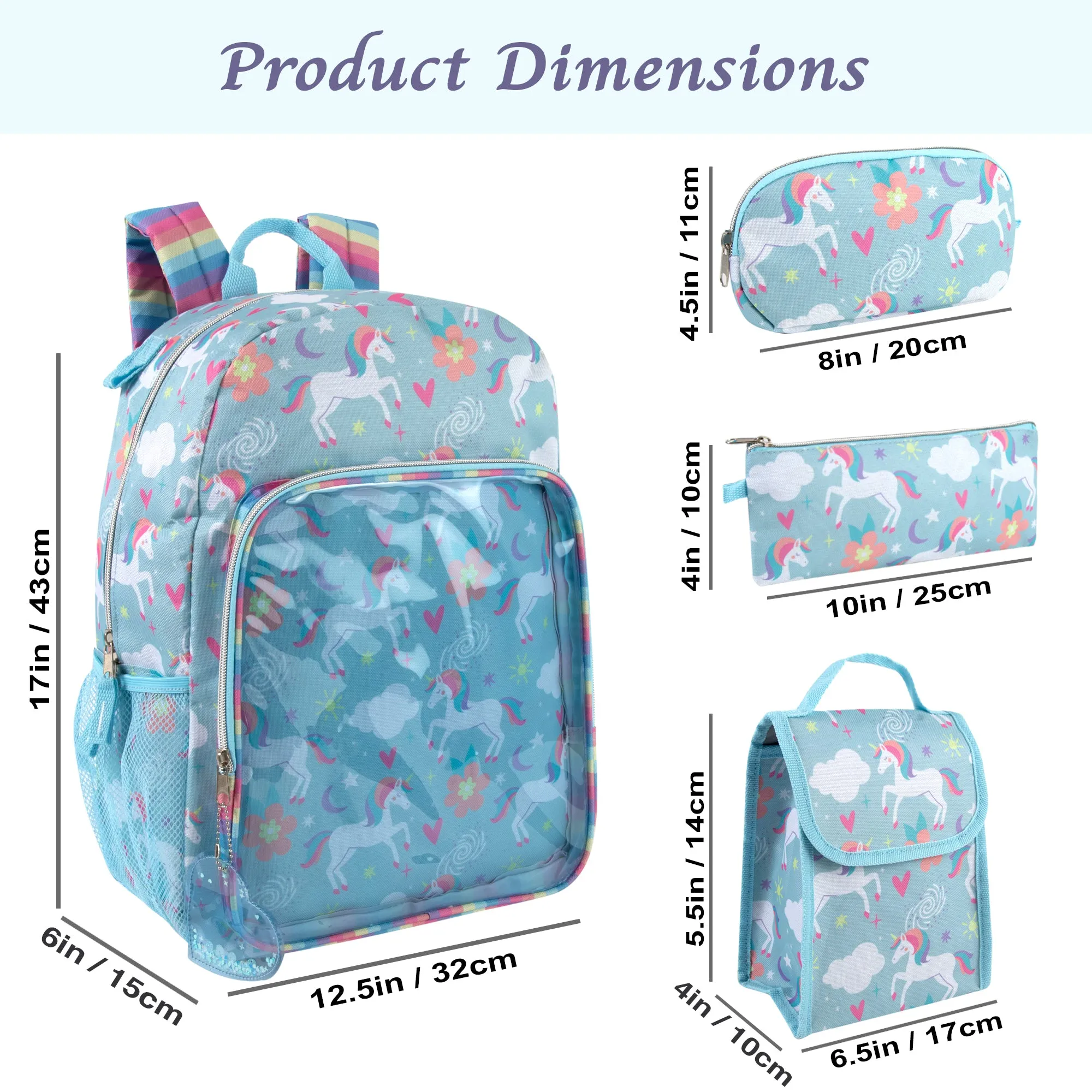 17-Inch Unicorn Backpack & Lunch Bag with 14-Piece School Supply Kit