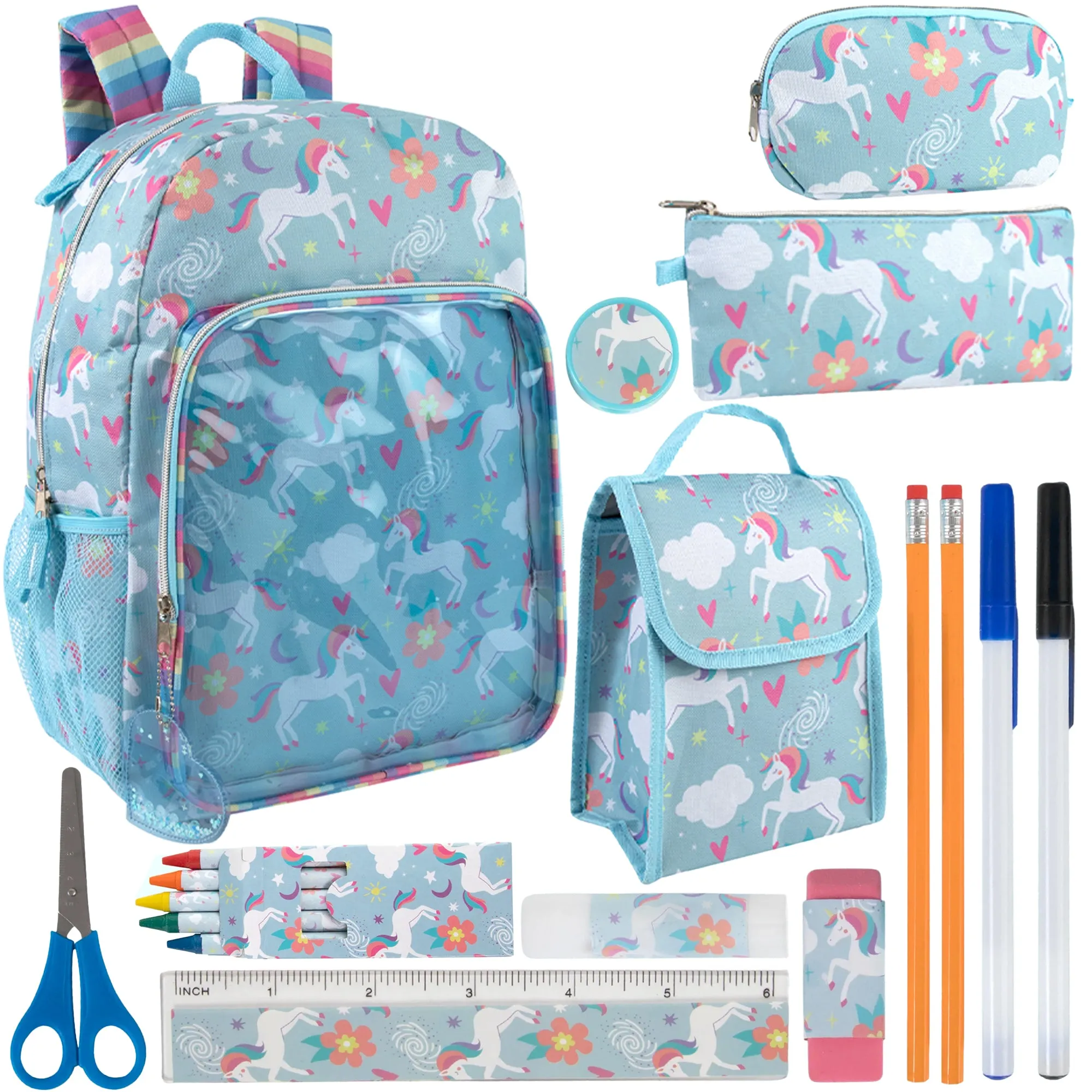 17-Inch Unicorn Backpack & Lunch Bag with 14-Piece School Supply Kit