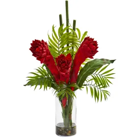 21" Artificial Ginger Torch Arrangement in Cylinder Vase - Low Maintenance, Life-Like & Vibrant Silk Flowers For Busy People.