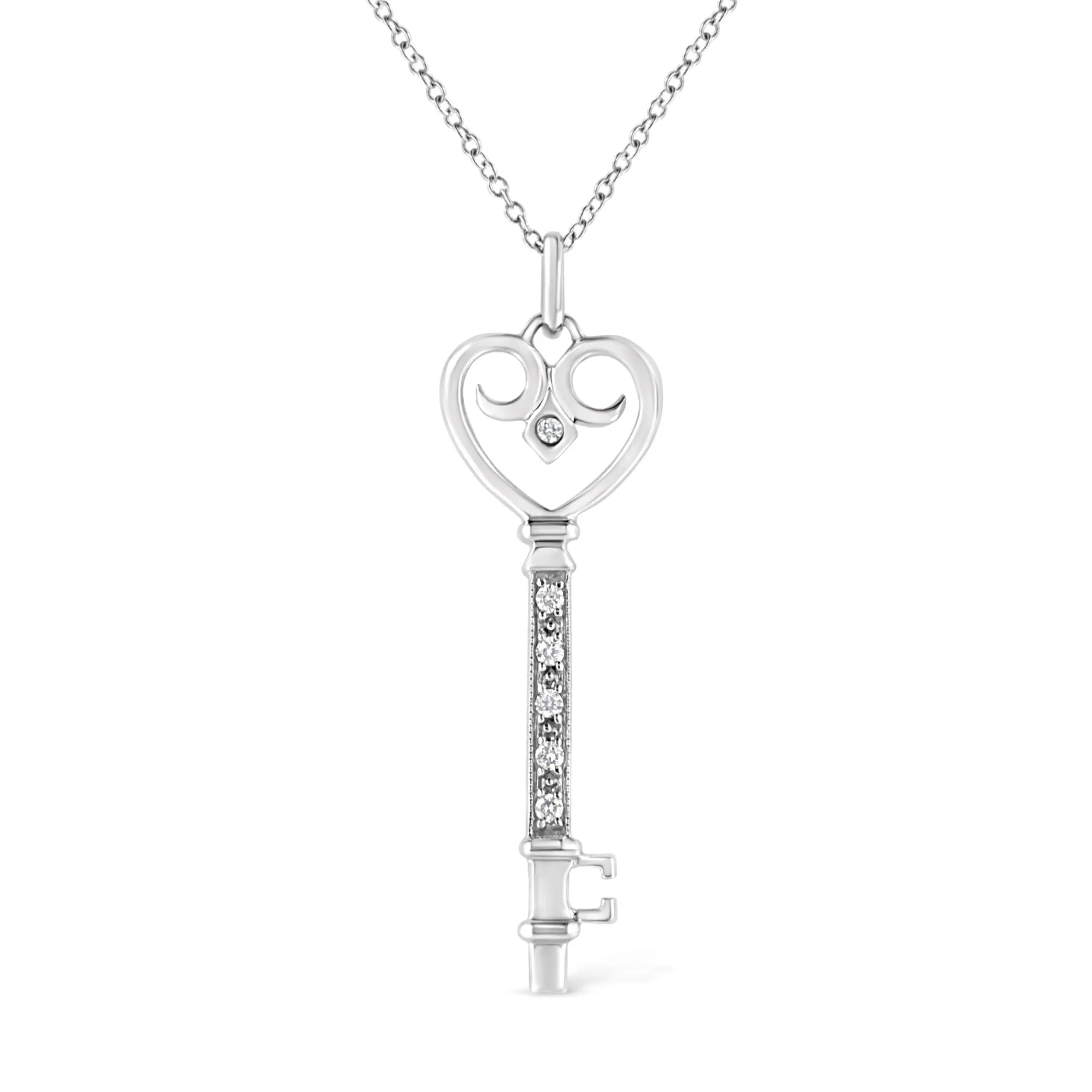 .925 Sterling Silver Pave and Bezel-Set Diamond Accent Key 18" Heart and Lock Pendant Necklace (K-L Color, I1-I2 Clarity)