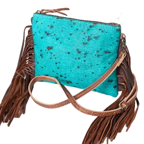 American Darling Black &Turquoise Cowhide W/Fringe Purse ADBG109TRQ2FRNG