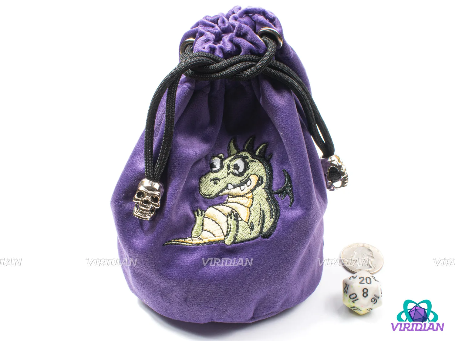 Angsty Dragon Dice Bag | Purple, Cute Dragon Stitched Design, Black String w Skull Accents | Dice Pouch