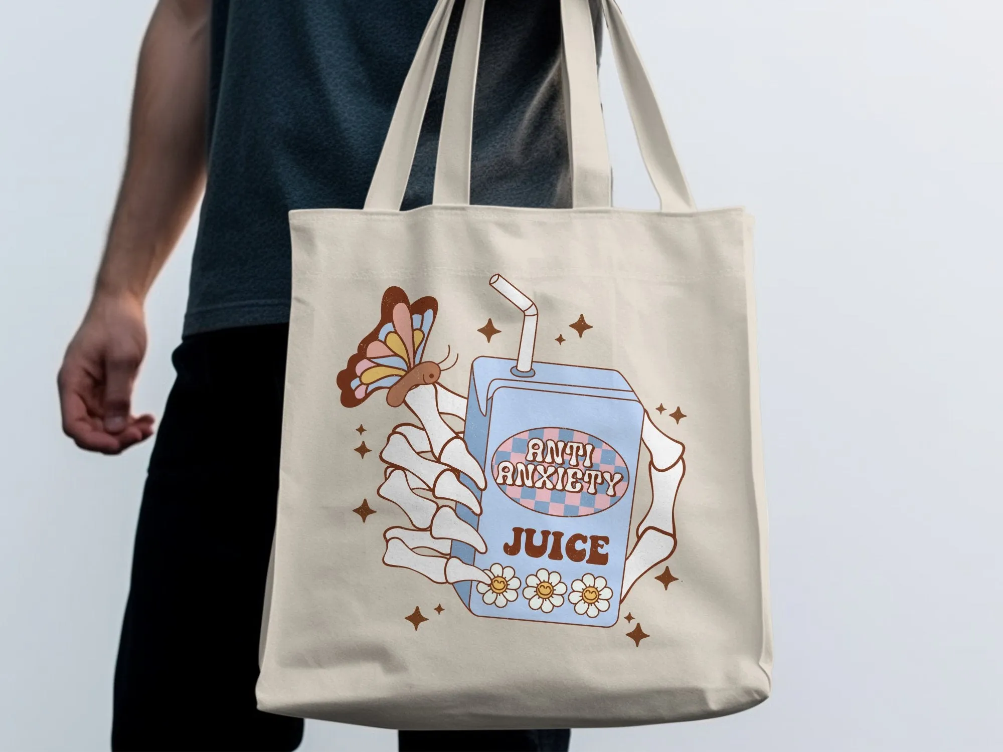 Anti Anxiety Juice Illustration Tote Bag, Cute Wellness Mental Health Gift, Trendy Aesthetic Canvas Bag, Butterfly Graphic