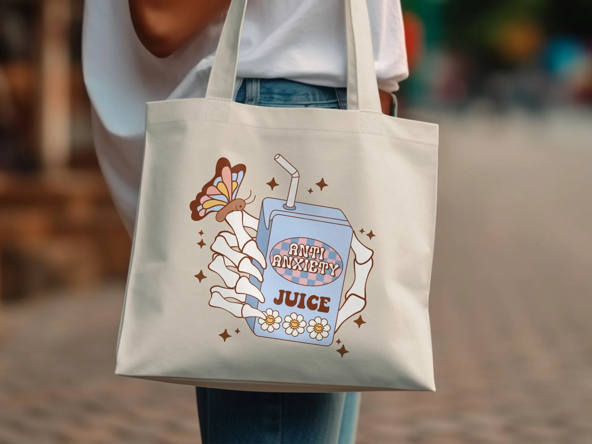 Anti Anxiety Juice Illustration Tote Bag, Cute Wellness Mental Health Gift, Trendy Aesthetic Canvas Bag, Butterfly Graphic