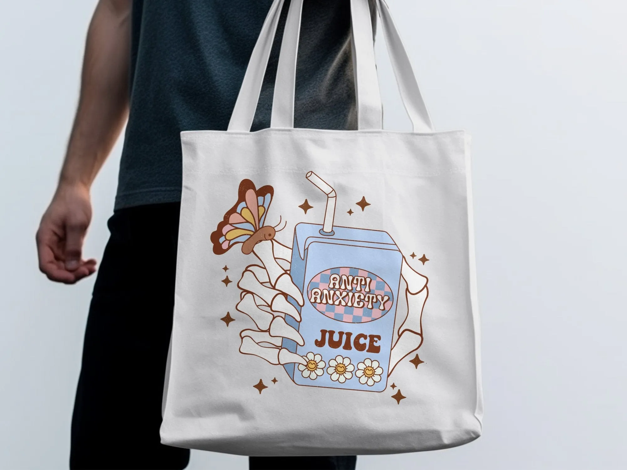 Anti Anxiety Juice Illustration Tote Bag, Cute Wellness Mental Health Gift, Trendy Aesthetic Canvas Bag, Butterfly Graphic