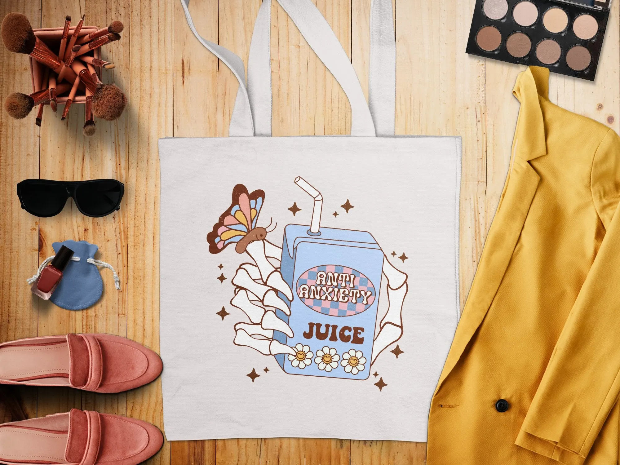 Anti Anxiety Juice Illustration Tote Bag, Cute Wellness Mental Health Gift, Trendy Aesthetic Canvas Bag, Butterfly Graphic