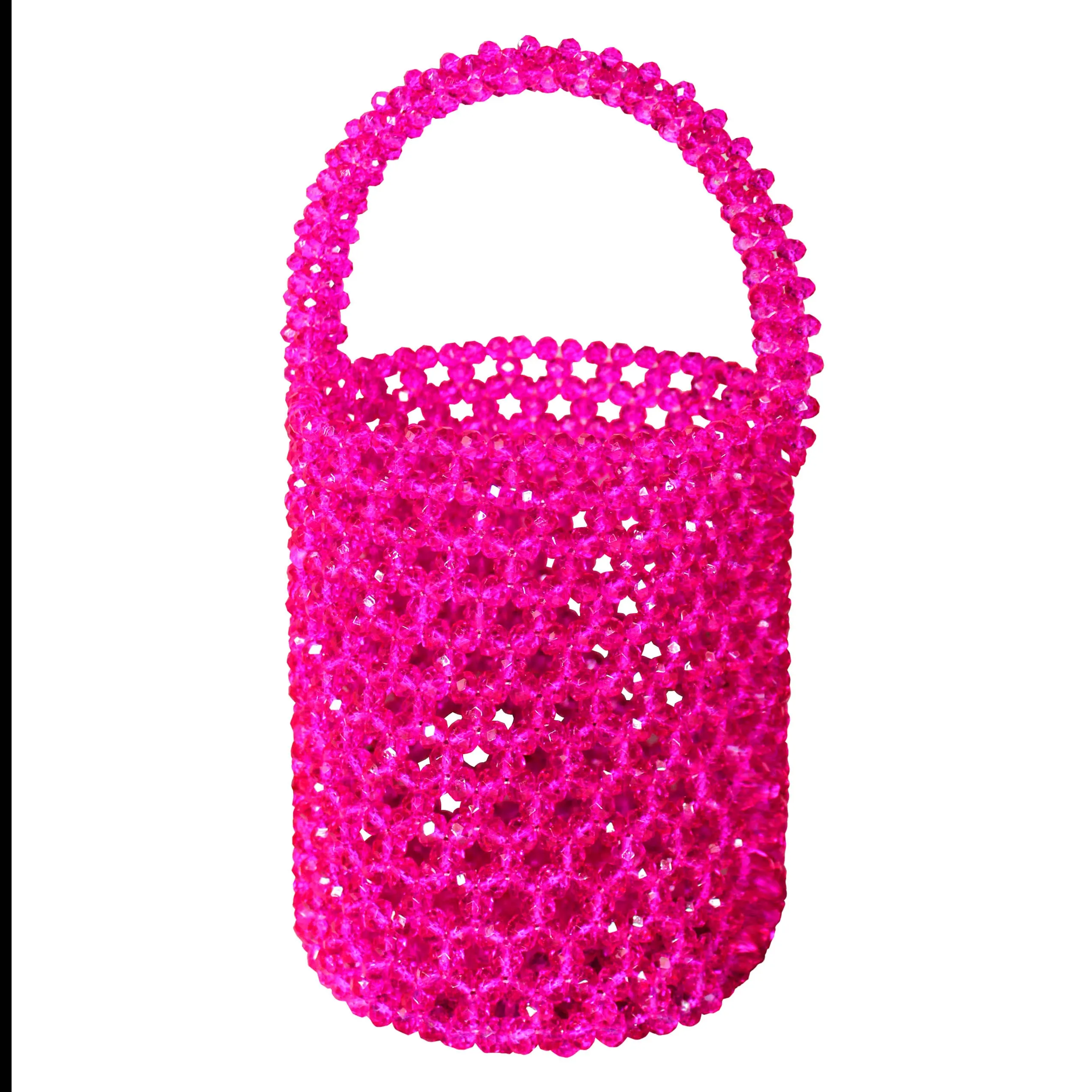 ANTONIA Crystal Beads Bucket Bag In Hot Pink