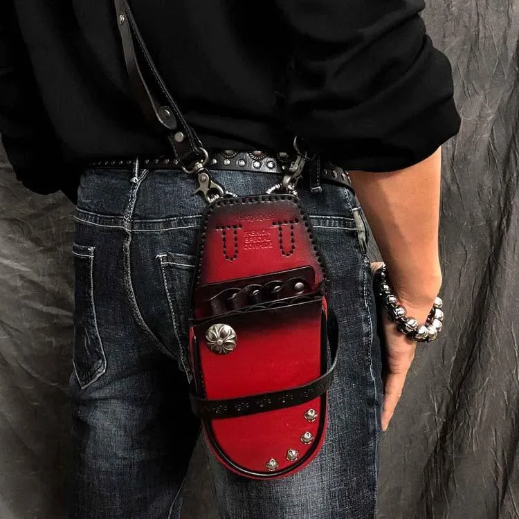 Black Badass Mens Leather Waist Bag Side Bag Red Hairstylist Tool Barber Pouch Blue Scissor Case for Men