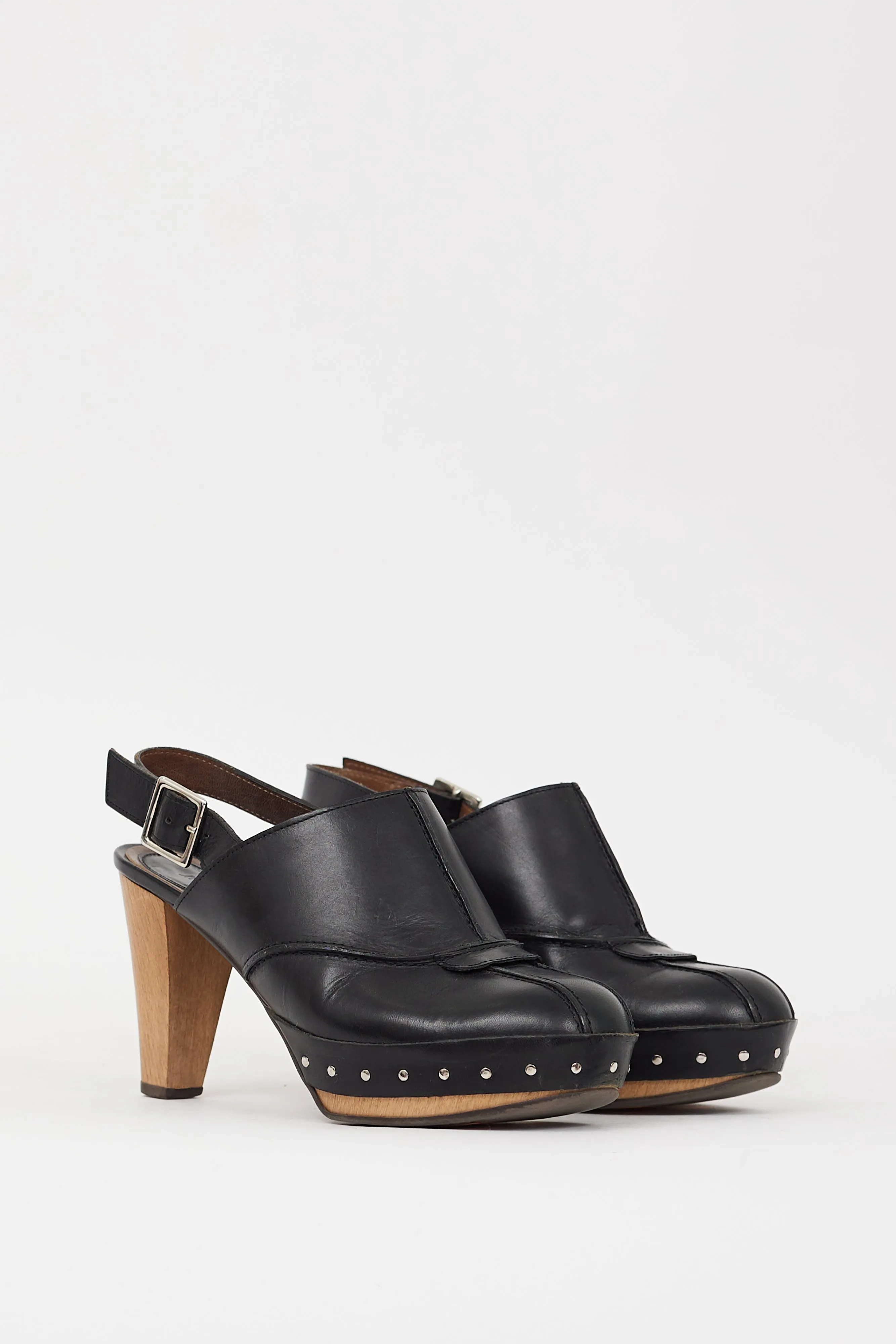 Black Leather Studded Clog Mule