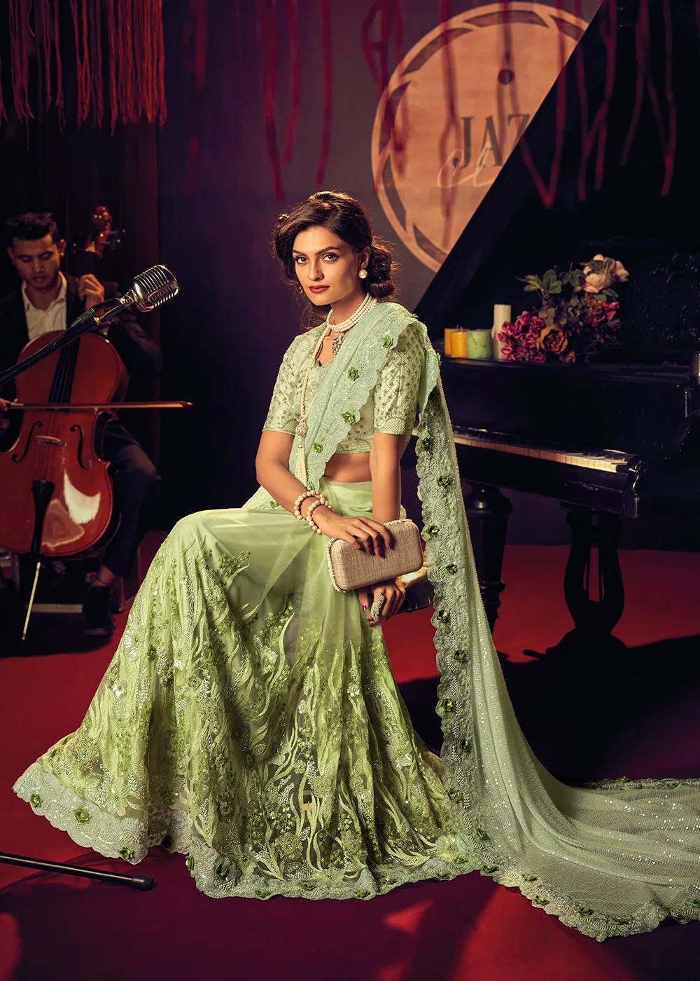 Bridal Party Pista Green Premium Net Designer Saree