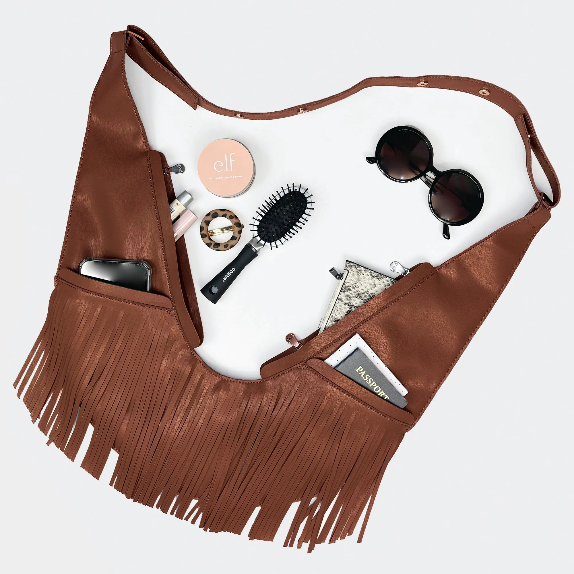 Brown Faux Leather Fringe Sash Bag