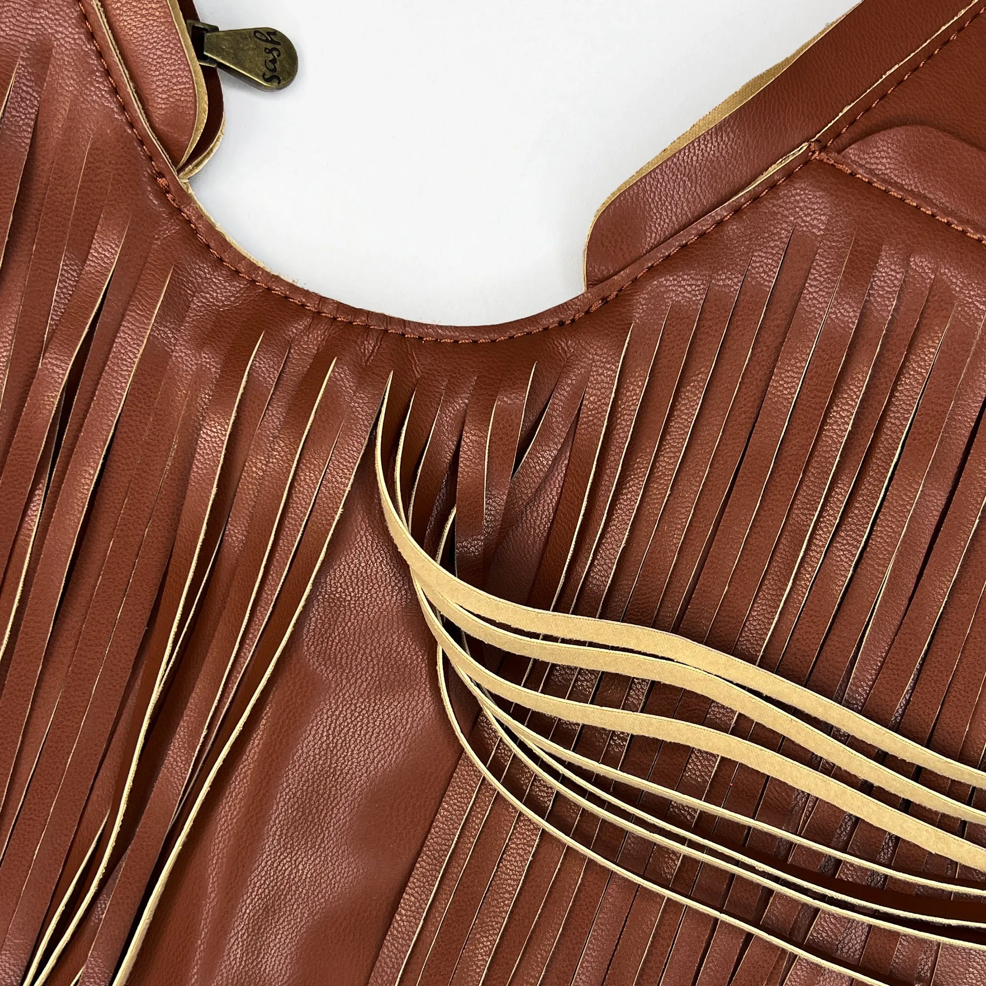 Brown Faux Leather Fringe Sash Bag