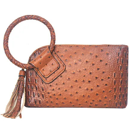 Brown NGIL Textured Fashion Faux Leather Mini Purse With Fringe Tassel