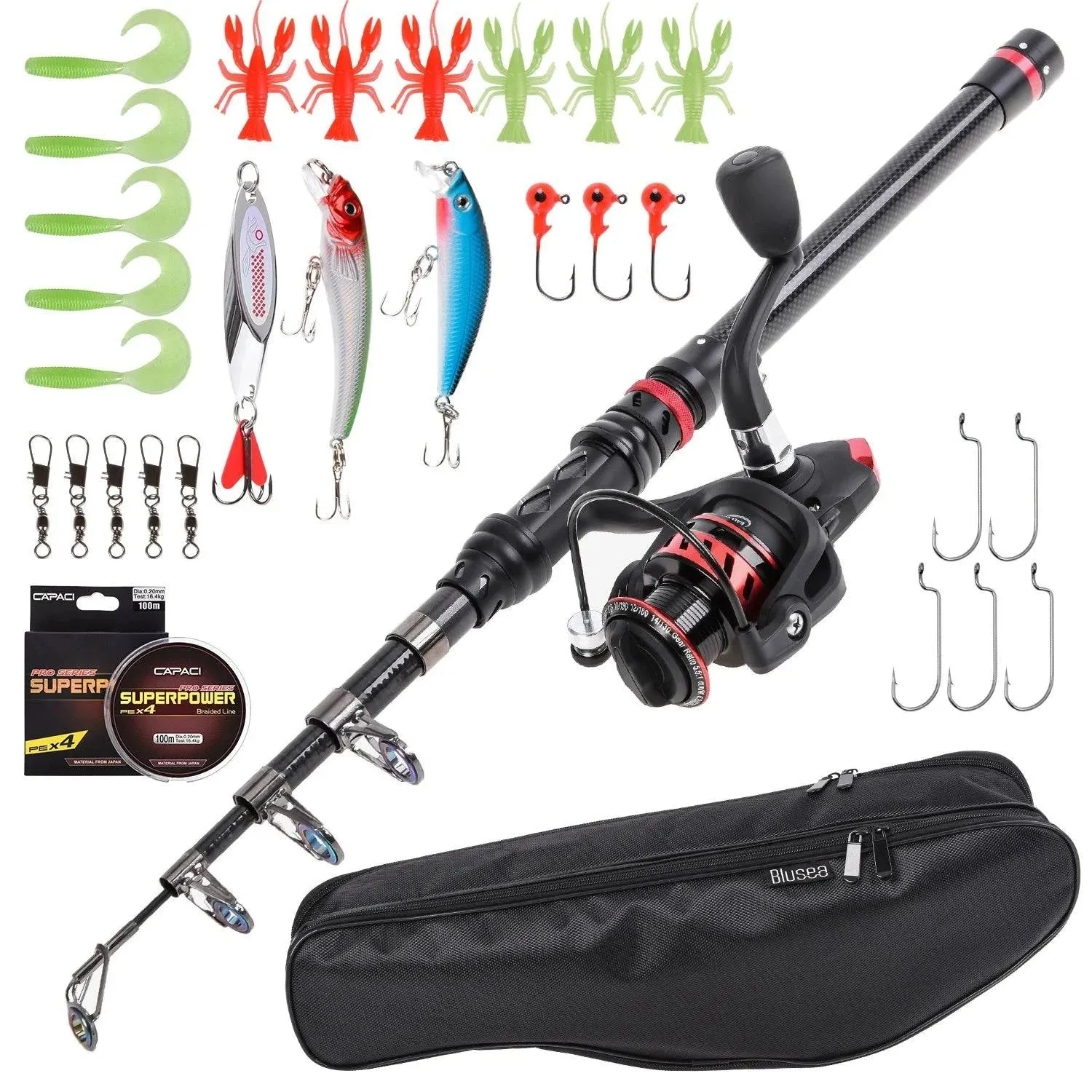 Carbon Fiber Telescopic Fishing Rod Spinning Reel Combo Fishing Lures Jig Hooks Swivels Full Kit For Outdoor Fishing