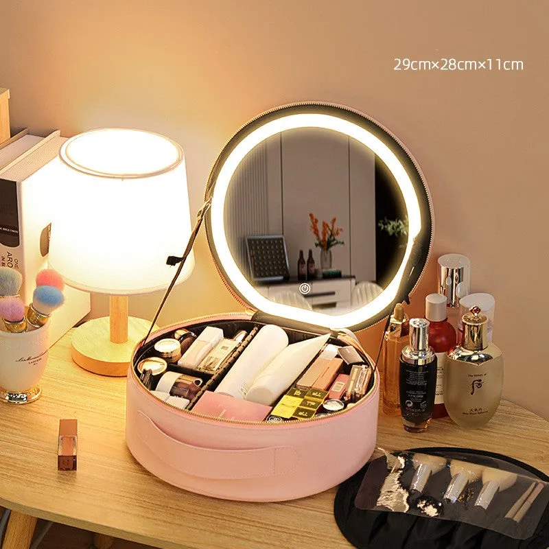 Circular Cosmetic Bag With Mirror And Light Large Capacity