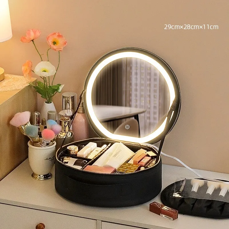 Circular Cosmetic Bag With Mirror And Light Large Capacity