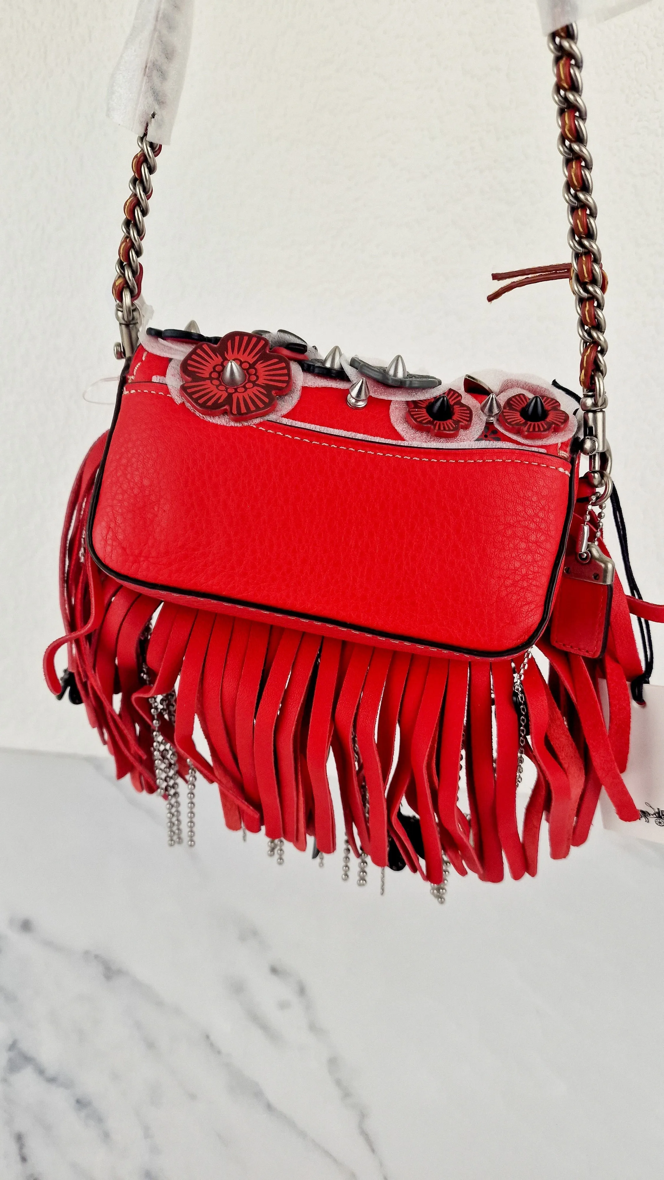 Coach 1941 Dinkier in Vermillion Red with Wild Tea Roses Studs & Fringes - Crossbody Bag Clutch Mini Dinky - Coach 86852