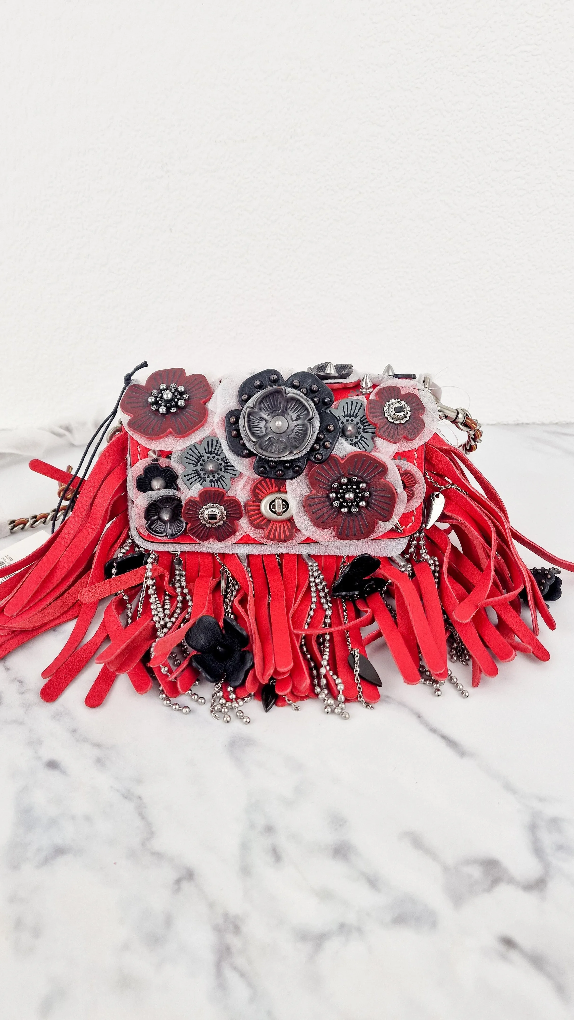 Coach 1941 Dinkier in Vermillion Red with Wild Tea Roses Studs & Fringes - Crossbody Bag Clutch Mini Dinky - Coach 86852