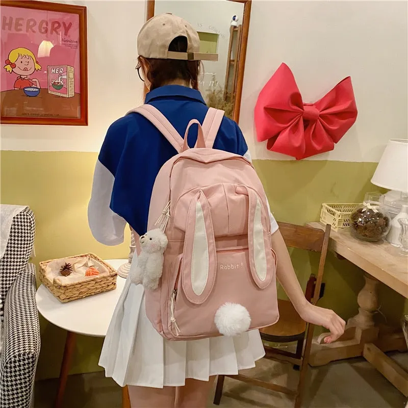 Cute Rabbit Young Girl School Backpack Female Large Capacity Kawaii Back Pack Mochila Pink Women Bagpack Nylon Cartoon Schoolbag