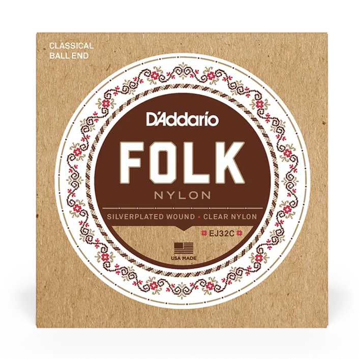 D'Addario EJ32C Folk Nylon Ball End Classical Strings Silver Wound/Clear Nylon