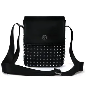 Flap Over Silver Studded Black Leather Crossbody Sling Bag