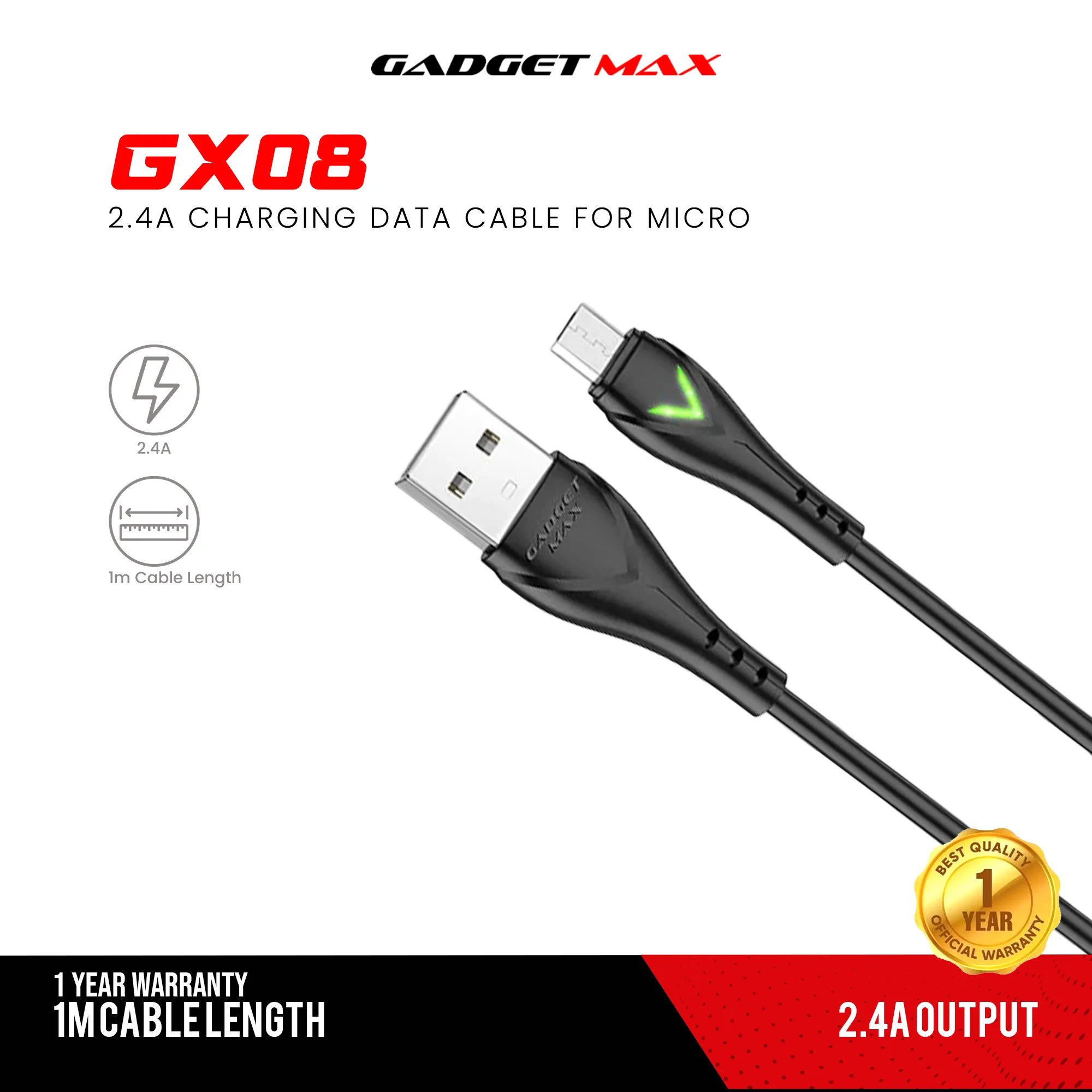 GADGET MAX GX08 MICRO 2.4A CHARGING DATA CABLE FOR MICRO (2.4A)(1M) - BLACK