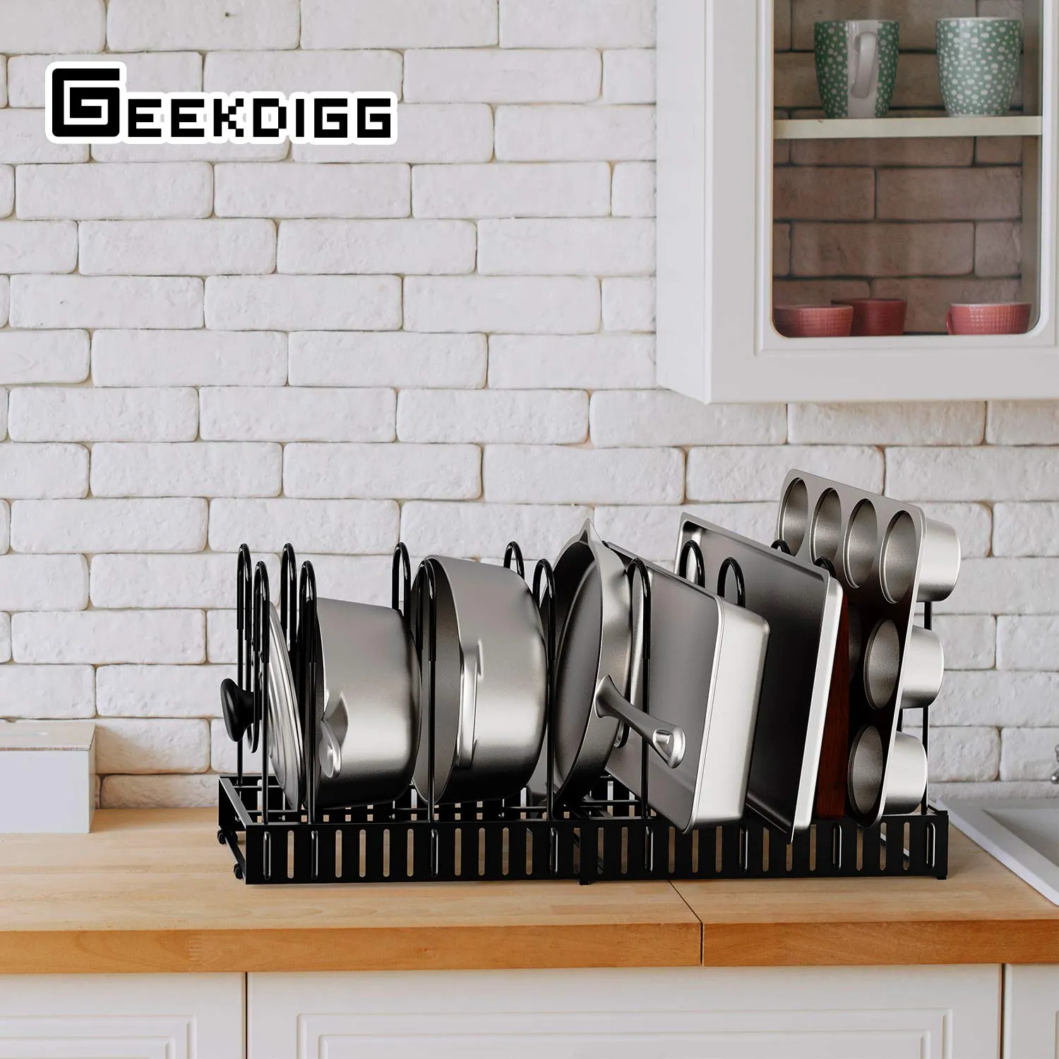 Geekdigg Pot Organizer Rack For Cabinet, Expandable 8  Pans Pots Lid Organizer Rack