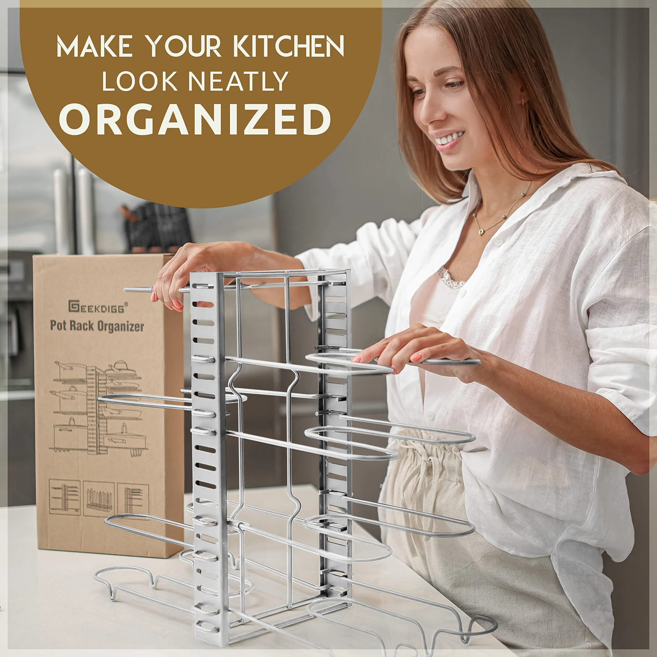 Geekdigg Pot Rack Organizer, Adjustable Height And Position, Kitchen Counter And Cabinet