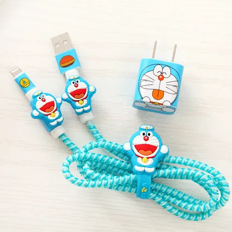 Good Gifts Lovely Cartoon USB Cable Earphone Protector Set with Cable Winder stickers Spiral Cord protector For iphone 5 6 6s 7