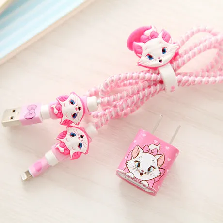 Good Gifts Lovely Cartoon USB Cable Earphone Protector Set with Cable Winder stickers Spiral Cord protector For iphone 5 6 6s 7