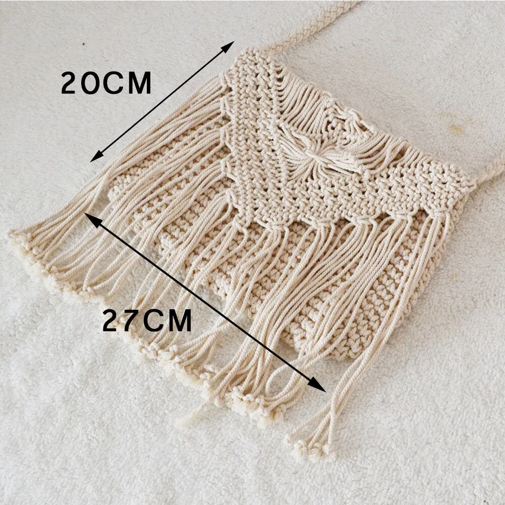 Handmade Macrame Shoulder Bag - Boho Macrame Bag- Cotton Rope Bag - Crossbody Bag - Handmade Knitted Rattan Summer Beach Bag Tassel Women