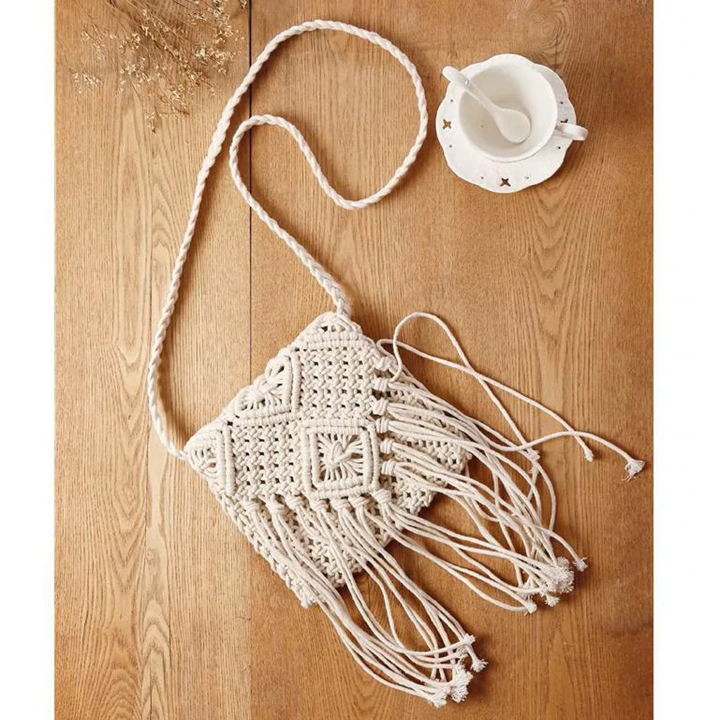 Handmade Macrame Shoulder Bag - Boho Macrame Bag- Cotton Rope Bag - Crossbody Bag - Handmade Knitted Rattan Summer Beach Bag Tassel Women