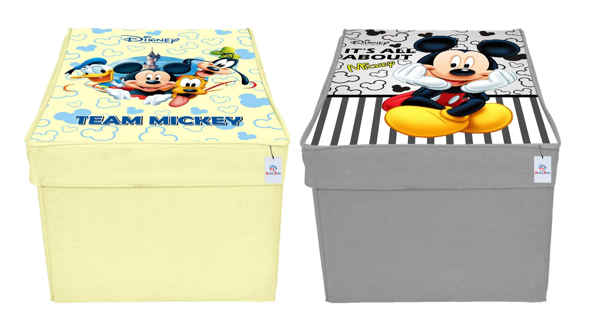 Heart Home Disney Team Mickey Print Non Woven 2 Pieces Fabric Foldable Saree,Shirt Cover Storage Organizer Box with With Lid, Extra Large (Grey & Cream)-KUBMART16338