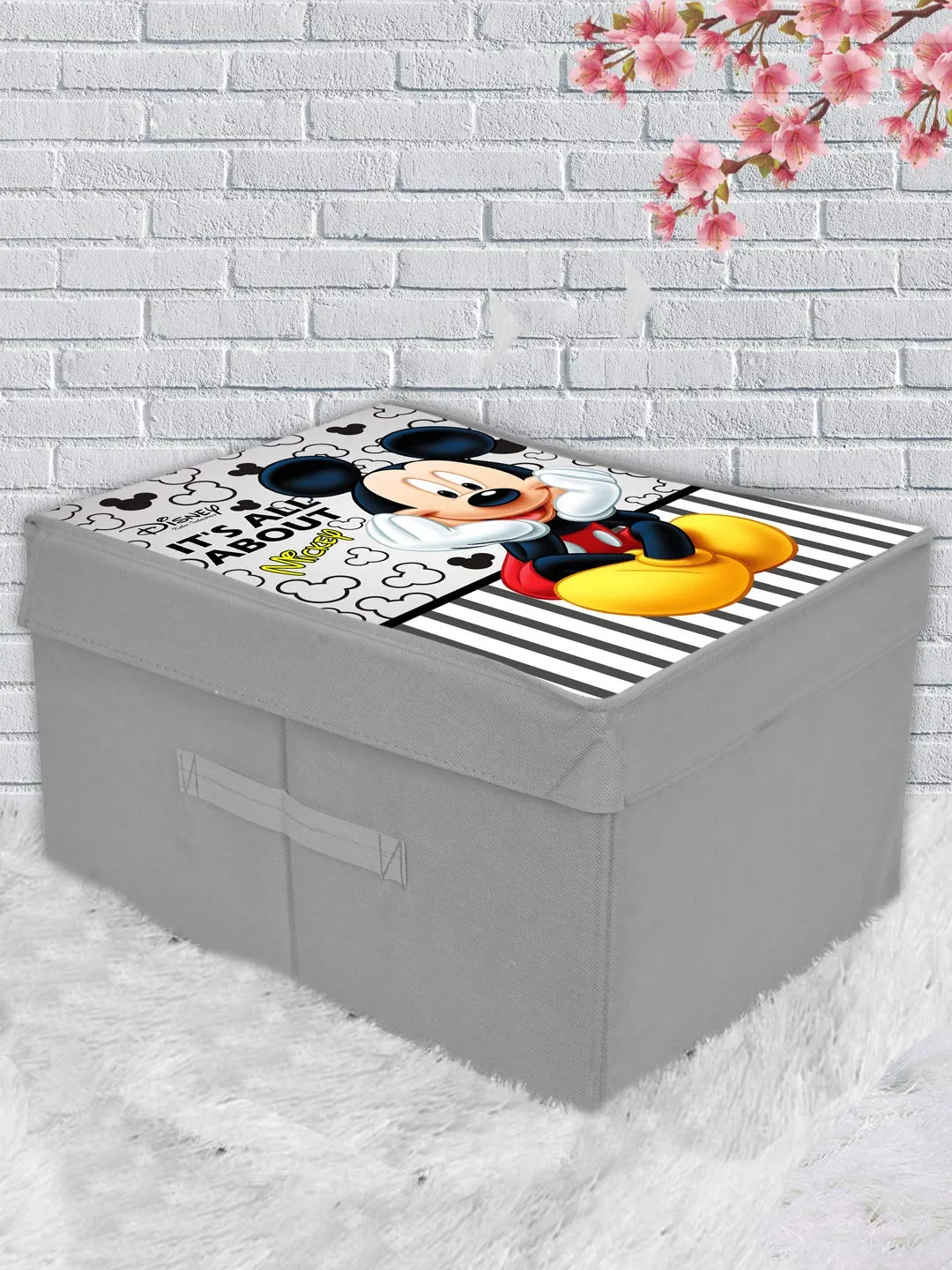 Heart Home Disney Team Mickey Print Non Woven 2 Pieces Fabric Foldable Saree,Shirt Cover Storage Organizer Box with With Lid, Extra Large (Grey & Cream)-KUBMART16338