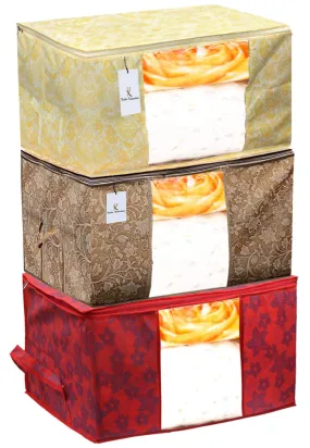 Heart Home Metalic Printed 3 Piece Non Woven Fabric Underbed Storage Bag, Cloth Organiser, Blanket Cover with Transparent Window, Gold & Red & Beige - HEART5578