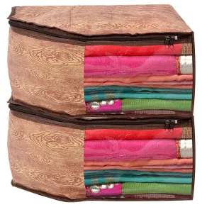 Heart Home Wooden Printed Non-Woven Blouse Cover Wardrobe Organiser Clothes Storage Bag With Front Window- Pack of 2 (Brown)-44HH0536