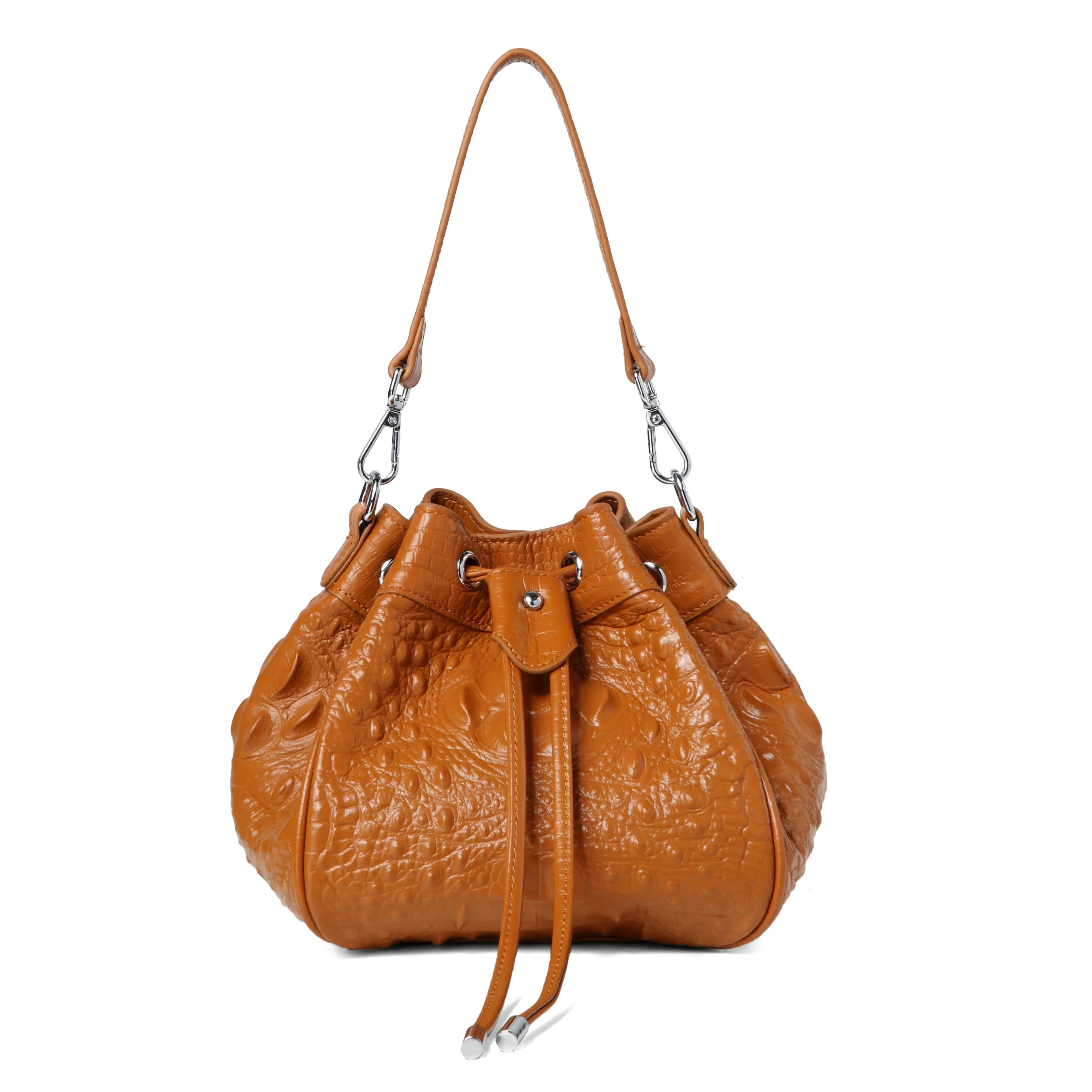 Jolyn Embossed Leather Bucket Crossbody- Brown