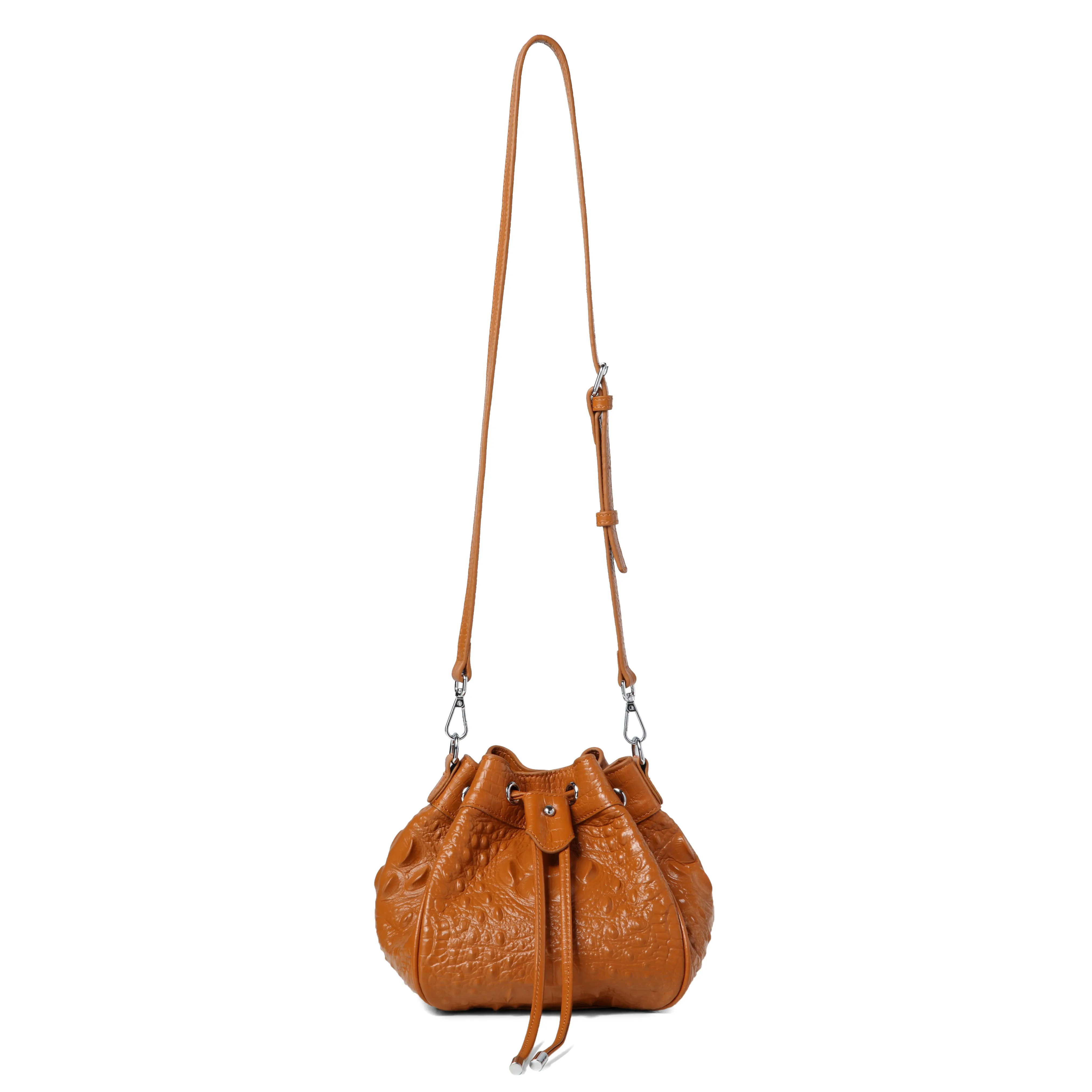 Jolyn Embossed Leather Bucket Crossbody- Brown