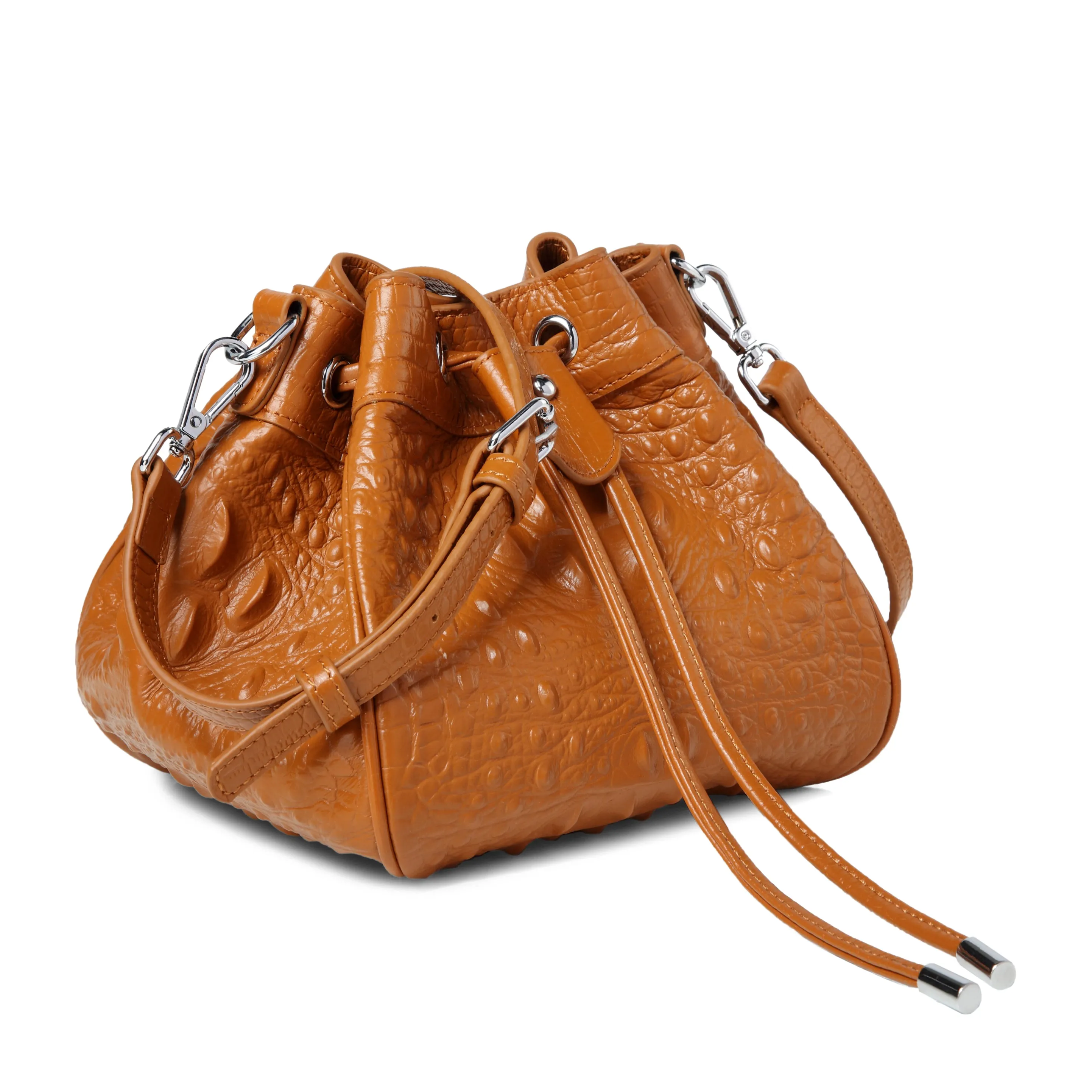 Jolyn Embossed Leather Bucket Crossbody- Brown