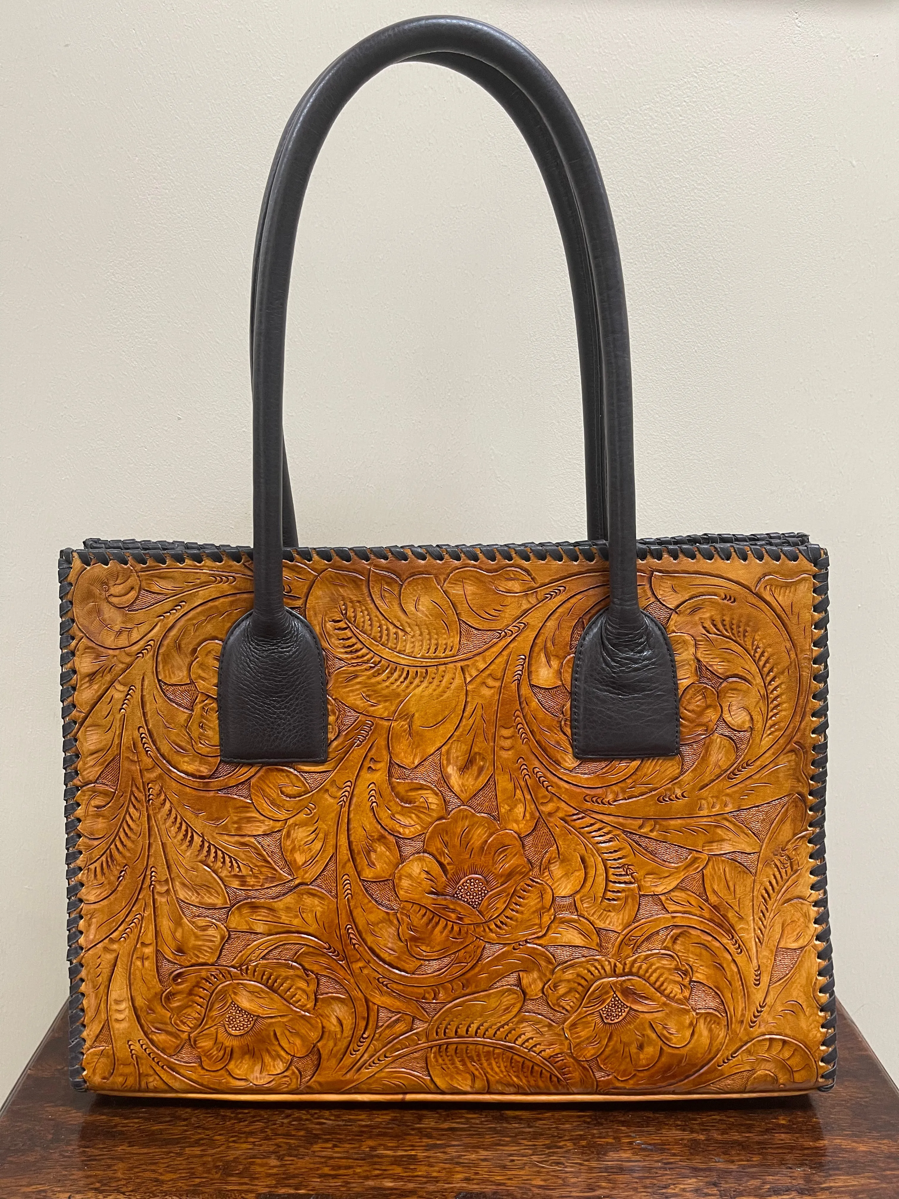 Juan Antonio Saddle Tan Floral Embossed Leather Tote