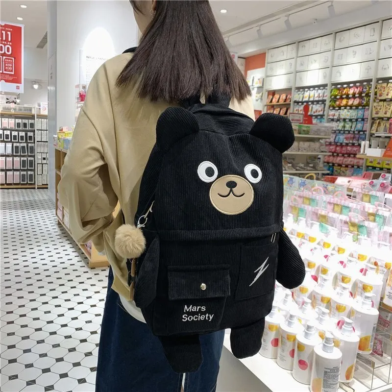 Kawaii Corduroy Bear Backpacks for Cute Women Multi-pockets School Bags Large Capacity Backpack Teenage Girls School Bag Female