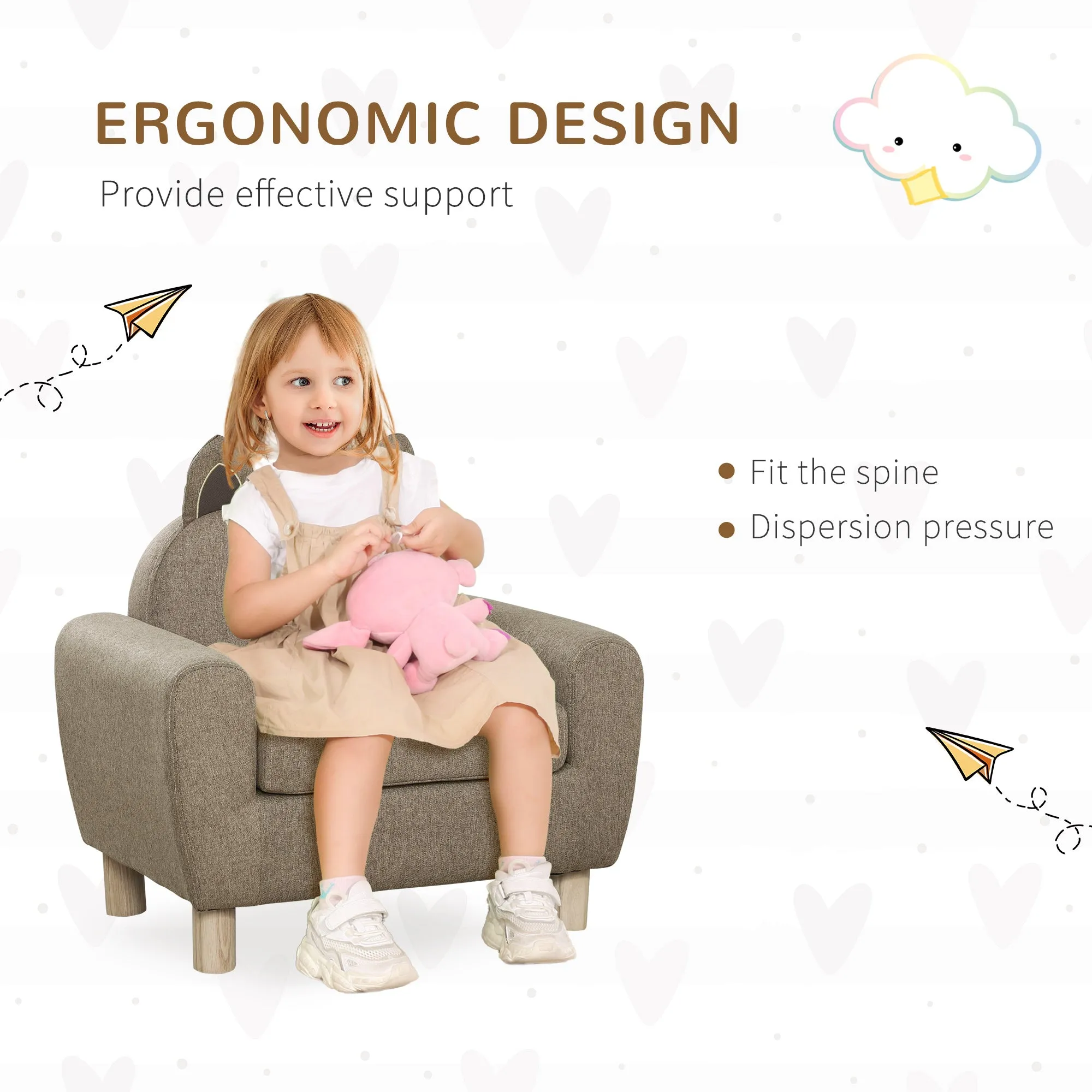 Kids Sofa Toddler Chair Children Armchair for Preschool Bedroom Playroom with Ear Modeling Wood Brown